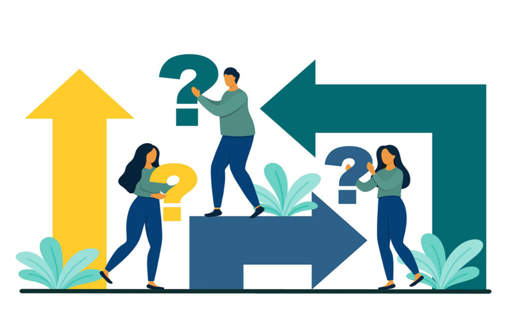 A group of people holding a question mark in their hands with direction arrows around. Decision making and work strategy concept. Flat style vector illustration.