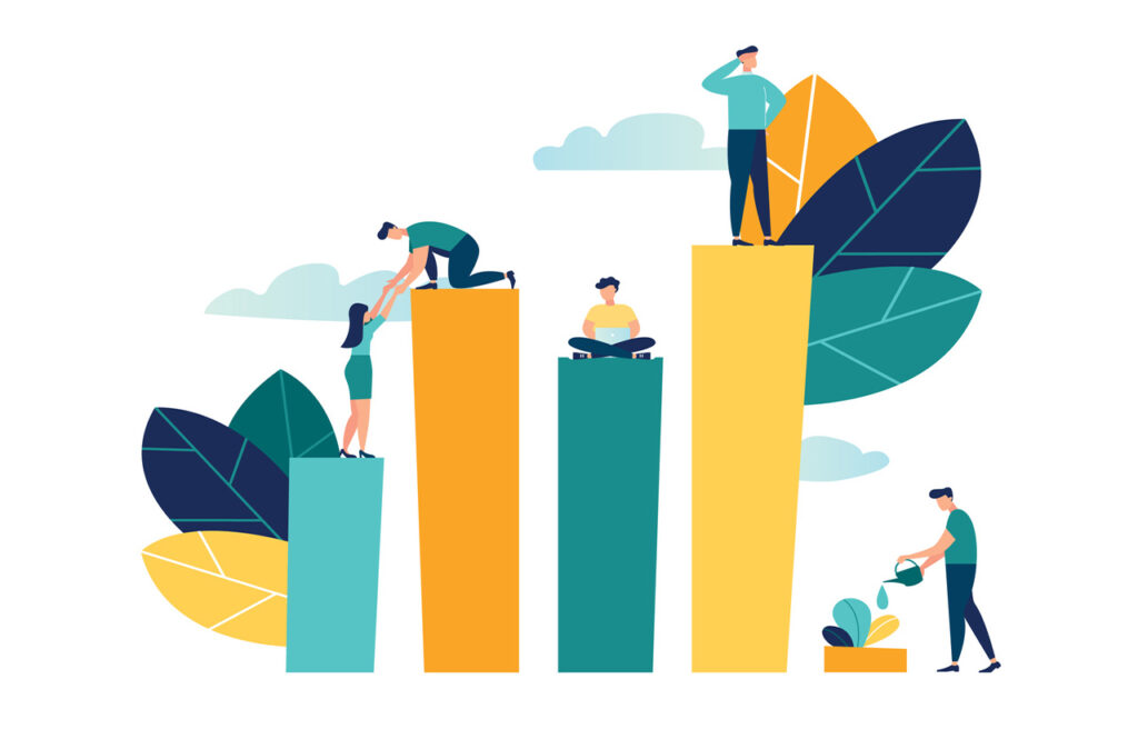 Vector creative illustration of business graphics, the company is engaged in the joint construction of column graphs, the rise of the career to success, flat color icons, business analysis